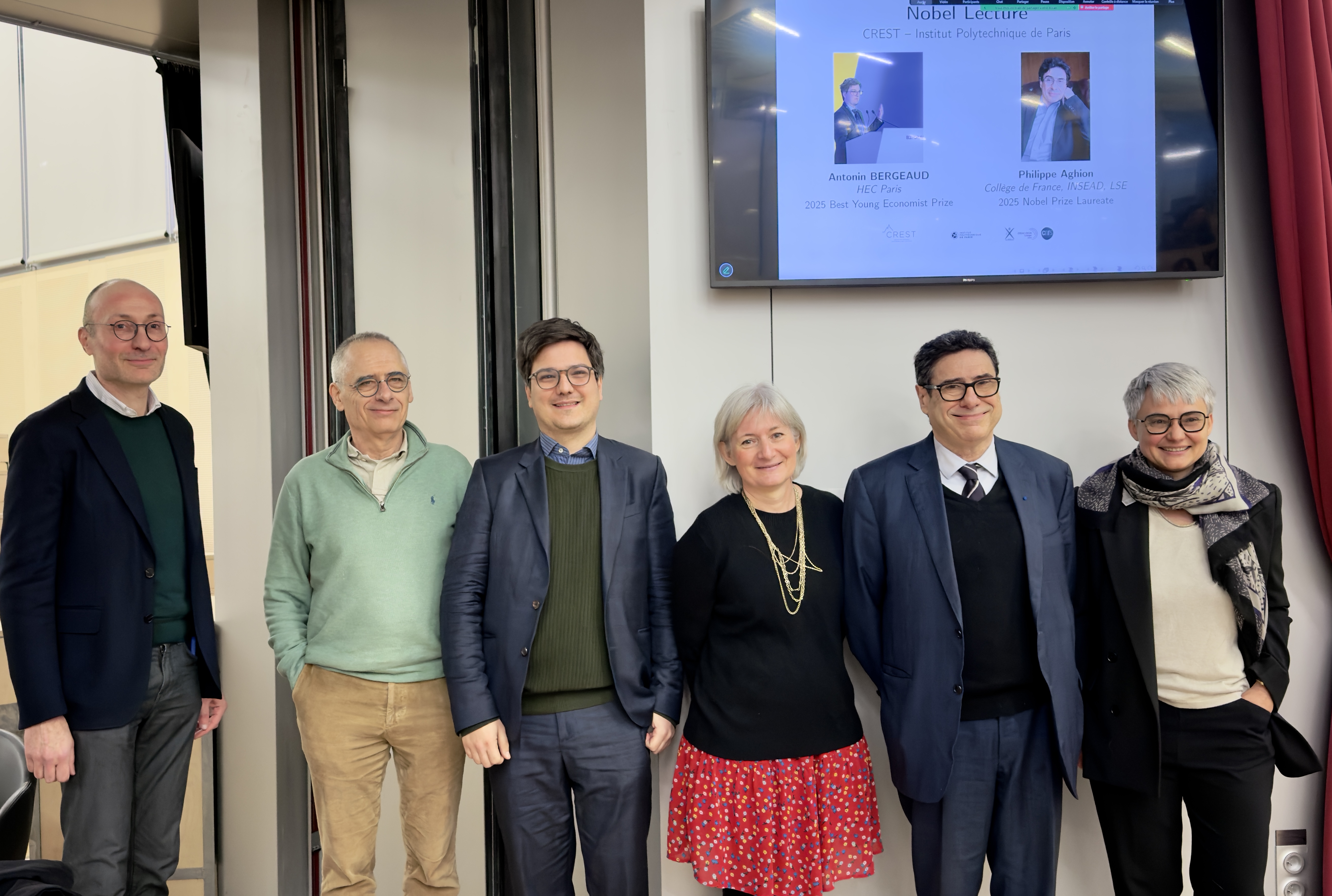 Bertrand Garbinti (organizer), Thierry Coulhon (head of IP Paris), Antonin Bergeaud, Emmanuelle Taugourdeau (head of CREST), Phi